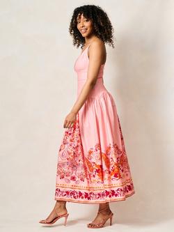 Hope & Ivy The Luma Printed V-Neck Drop Waist Midi Dress, Pink Peach/Multi - view 2, Pink Peach/Multi
