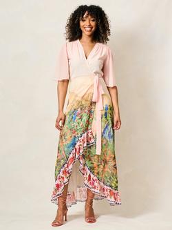 Hope & Ivy The Morocco Printed Flutter Sleeve Maxi Wrap Dress, Light Pink/Multi, Light Pink/Multi