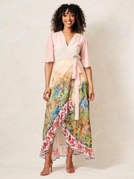 Hope & Ivy The Morocco Printed Flutter Sleeve Maxi Wrap Dress, Light Pink/Multi, Light Pink/Multi