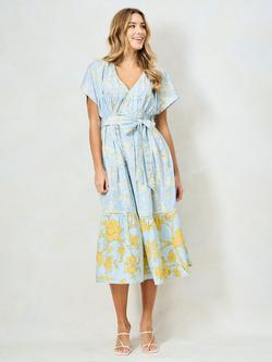 Hope & Ivy The Noor Mixed Print V-Neck Tie Waist Midi Dress, Light Blue/Yellow, Light Blue/Yellow