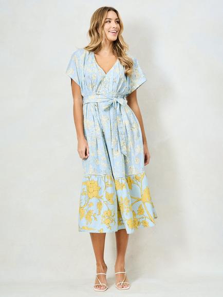Hope & Ivy The Noor Mixed Print V-Neck Tie Waist Midi Dress, Light Blue/Yellow, Light Blue/Yellow