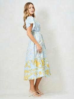 Hope & Ivy The Noor Mixed Print V-Neck Tie Waist Midi Dress, Light Blue/Yellow - view 2, Light Blue/Yellow
