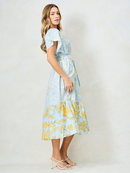 Hope & Ivy The Noor Mixed Print V-Neck Tie Waist Midi Dress, Light Blue/Yellow - view 2, Light Blue/Yellow