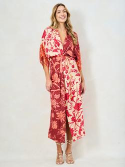 Hope & Ivy The Salma Kimono Sleeve Adjustable Tie Waist Midi Dress, Brown/Multi, Brown/Multi