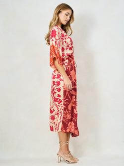 Hope & Ivy The Salma Kimono Sleeve Adjustable Tie Waist Midi Dress, Brown/Multi - view 2, Brown/Multi