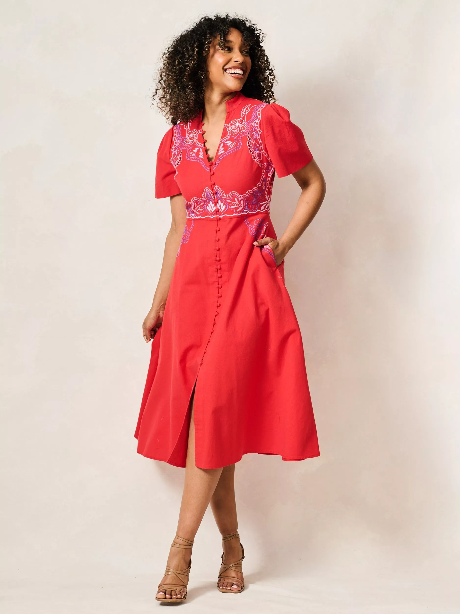 Hope & Ivy Thalia Embroidered Fit and Flare Midi Dress, Red