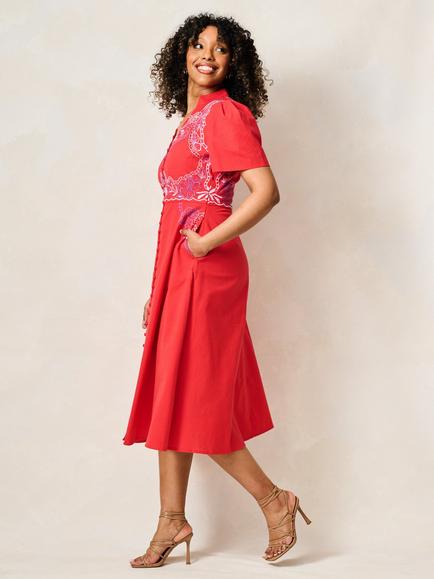 Hope & Ivy Thalia Embroidered Fit and Flare Midi Dress, Red - view 2, Red