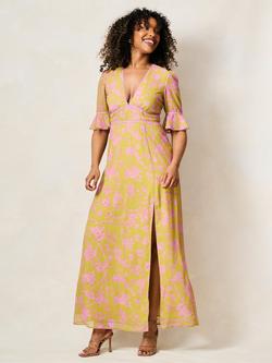 Hope & Ivy The Yara Frill Sleeve Lace Trim Thigh Split Maxi Dress, Green/Pink, Green/Pink