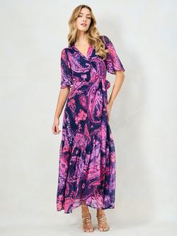 Hope & Ivy The Yasmine Flutter Sleeve Tie Waist Maxi Wrap Dress, Navy/Multi, Navy/Multi