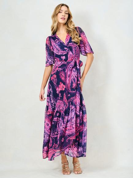 Hope & Ivy The Yasmine Flutter Sleeve Tie Waist Maxi Wrap Dress, Navy/Multi, Navy/Multi