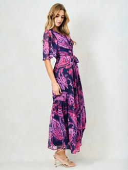 Hope & Ivy The Yasmine Flutter Sleeve Tie Waist Maxi Wrap Dress, Navy/Multi - view 2, Navy/Multi