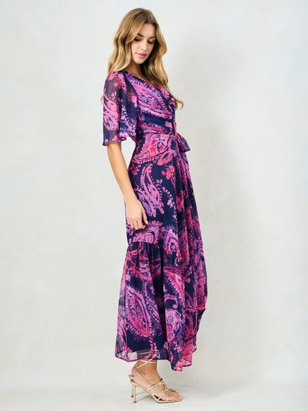 Hope & Ivy The Yasmine Flutter Sleeve Tie Waist Maxi Wrap Dress, Navy/Multi - view 2, Navy/Multi