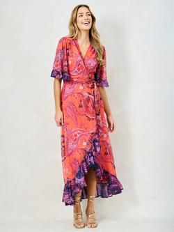 Hope & Ivy The Zella Flutter Sleeve Tie Waist Maxi Wrap Dress, Orange/Multi, Orange/Multi