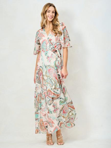Hope & Ivy The Blanche Flutter Sleeve Maxi Dress, Ivory/Multi, Ivory/Multi