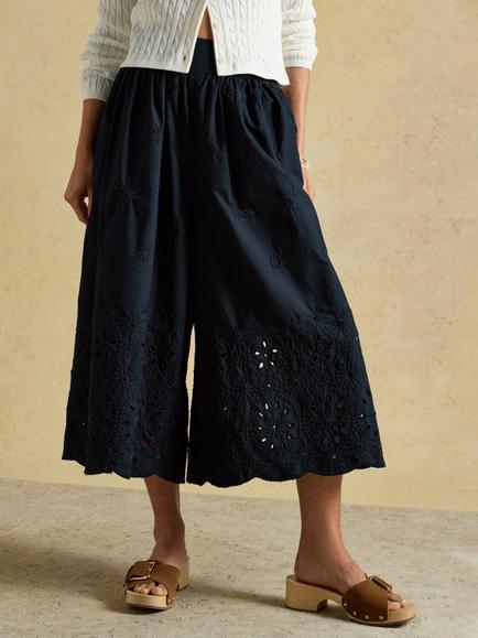 Joules Broderie Wide Leg Cropped Trousers, Navy, Navy