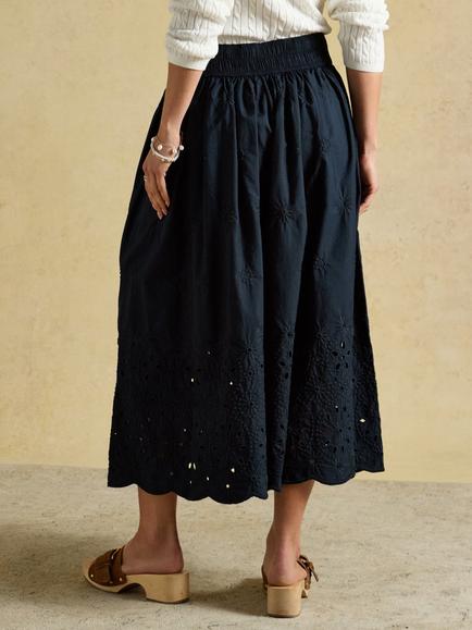 Joules Broderie Wide Leg Cropped Trousers, Navy - view 2, Navy