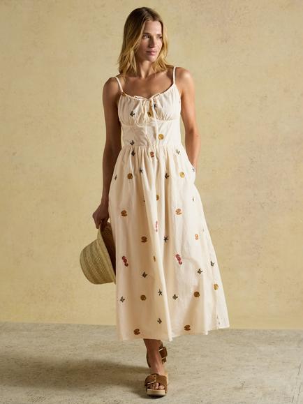Joules Sea Embroidered Midi Dress, Cream, Cream