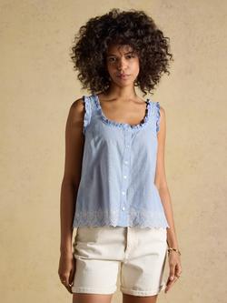 Joules Chambray Broderie Trim Sleeveless Blouse, Blue, Blue