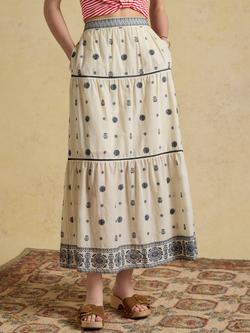 Joules Boho Broderie Tiered Maxi Skirt, Cream, Cream