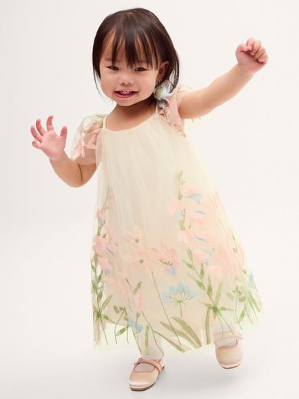 Monsoon Baby Short Sleeve Embroidered Floral Dress, Warm Ivory, Warm Ivory