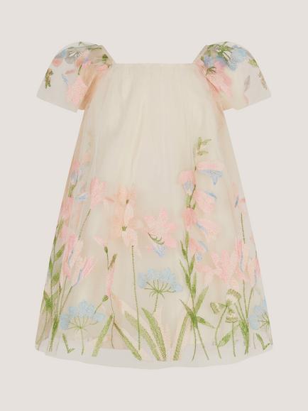 Monsoon Baby Short Sleeve Embroidered Floral Dress, Warm Ivory - view 2, Warm Ivory