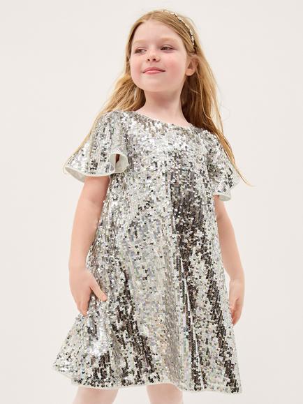 Monsoon Kids' Short Flutter Sleeve Sequin Dress, Multi, Multi