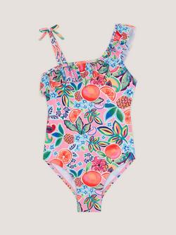Monsoon Kids' Printed Asymmetric Frill Swimsuit, Pink, Pink