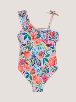 Monsoon Kids' Printed Asymmetric Frill Swimsuit, Pink - view 2, Pink