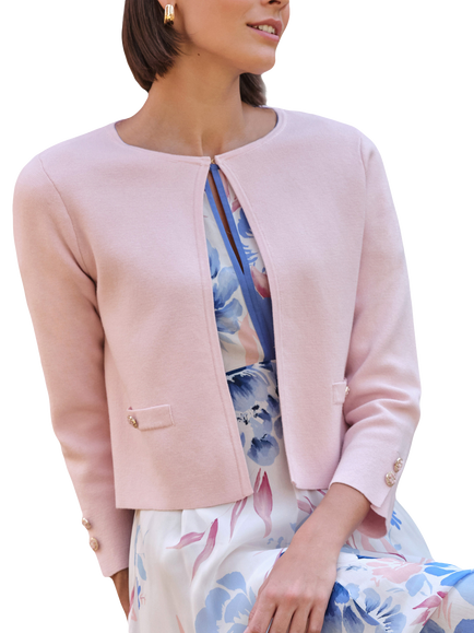 Pure Collection Milano Cropped Cotton Wool Round Neck Cardigan, Soft Oyster, Soft Oyster