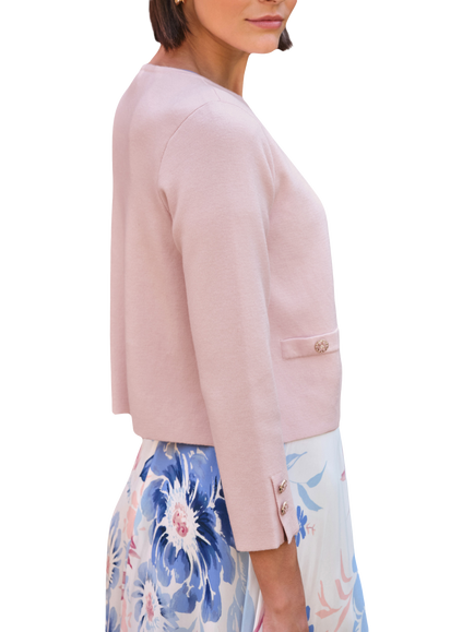 Pure Collection Milano Cropped Cotton Wool Round Neck Cardigan, Soft Oyster - view 2, Soft Oyster