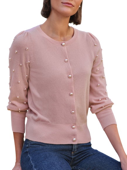 Pure Collection Pearl Wool Cashmere Crew Neck Cardigan, Pink, Pink