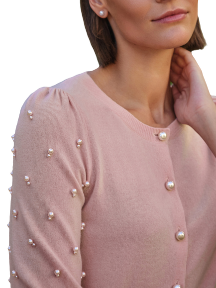 Pure Collection Pearl Wool Cashmere Crew Neck Cardigan, Pink - view 2, Pink