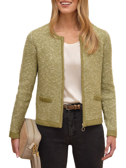 Pure Collection Cotton Blend Tweed Zip Crew Neck Cardigan, Green, Green