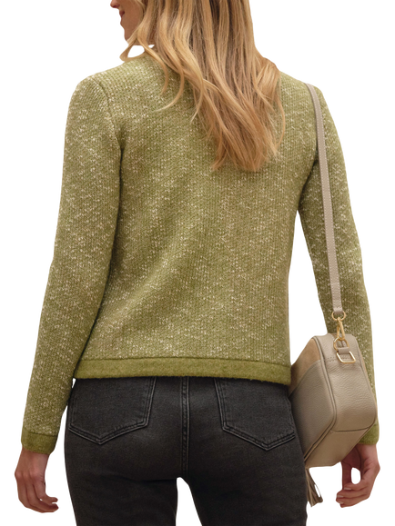 Pure Collection Cotton Blend Tweed Zip Crew Neck Cardigan, Green - view 2, Green