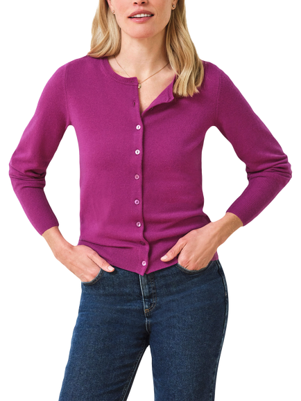Pure Collection Cashmere Crew Neck Cardigan, Magenta, Magenta
