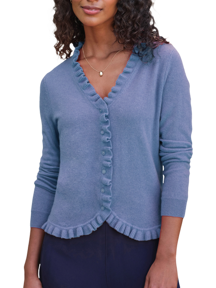 Pure Collection Pure Cashmere Ruffle V-Neck Cardigan, Wedgewood Blue, Wedgewood Blue
