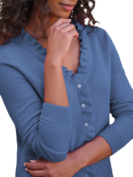 Pure Collection Pure Cashmere Ruffle V-Neck Cardigan, Wedgewood Blue - view 2, Wedgewood Blue
