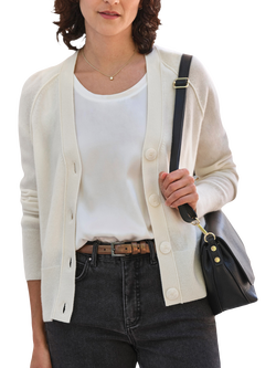 Pure Collection Pure Cashmere Relaxed V-Neck Cardigan, Soft White, Soft White