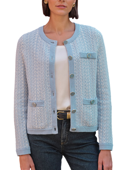 Pure Collection Tweedy Cotton Cardigan, Blue/White, Blue/White