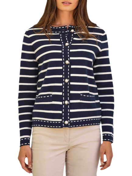 Pure Collection Cotton Wool Striped Cardigan, Navy/Ivory, Navy/Ivory