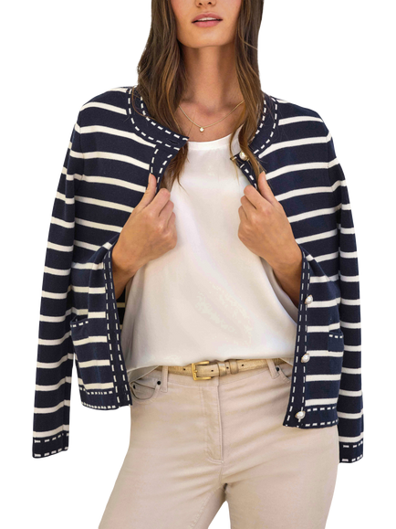 Pure Collection Cotton Wool Striped Cardigan, Navy/Ivory - view 2, Navy/Ivory