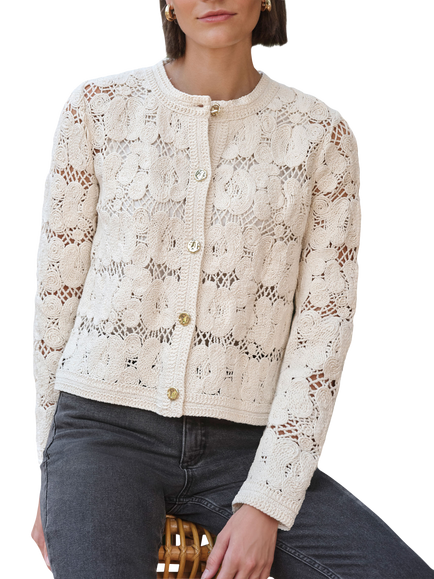 Pure Collection Cotton Floral Crochet Cardigan, Ivory, Ivory