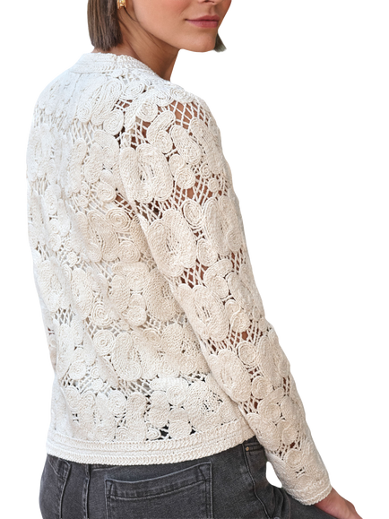 Pure Collection Cotton Floral Crochet Cardigan, Ivory - view 2, Ivory
