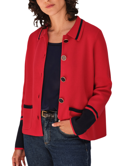 Pure Collection Milano Colour Block Collar Cardigan, Red/Navy, Red/Navy