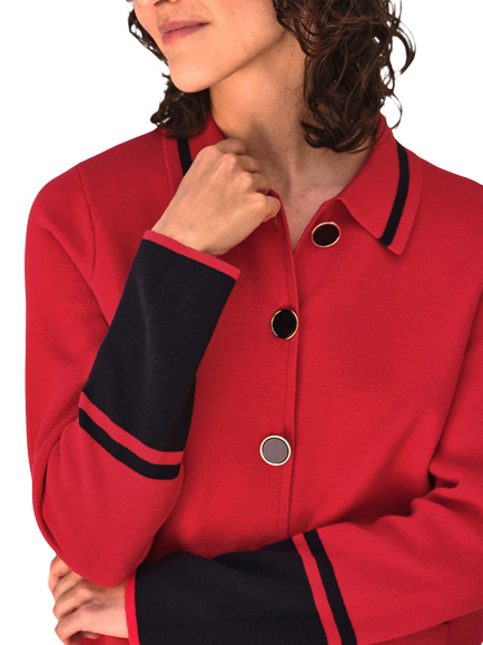 Pure Collection Milano Colour Block Collar Cardigan, Red/Navy - view 2, Red/Navy