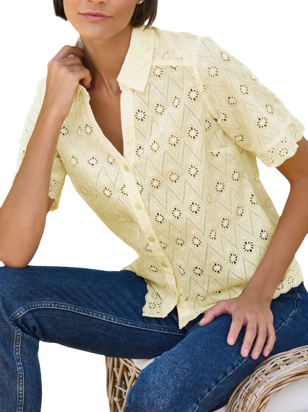 Pure Collection Cotton Broderie Anglaise Short Sleeve Shirt, Lemon, Lemon