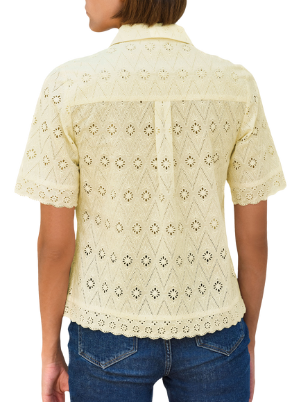 Pure Collection Cotton Broderie Anglaise Short Sleeve Shirt, Lemon - view 2, Lemon