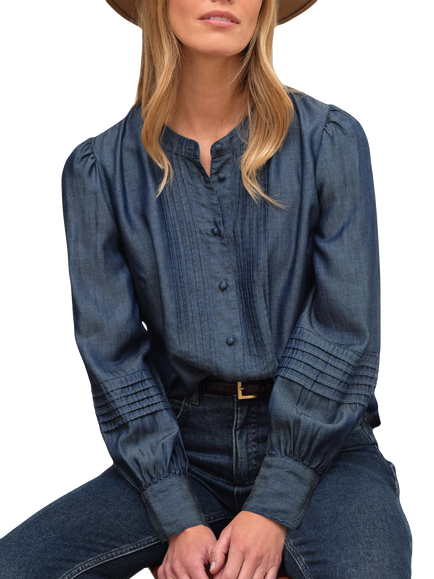 Pure Collection Pleated Long Sleeve Blouse, Blue Ink, Blue Ink