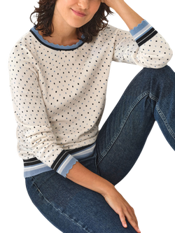 Pure Collection Cotton Rich Polka Dot Crew Neck Jumper, Ivory/Blue, Ivory/Blue