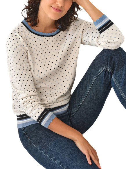 Pure Collection Cotton Rich Polka Dot Crew Neck Jumper, Ivory/Blue, Ivory/Blue